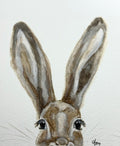 Artistic depiction of a rabbit's face with large ears on a textured white background
