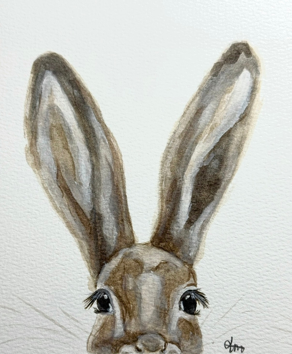 Artistic depiction of a rabbit's face with large ears on a textured white background